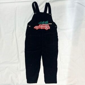 Monica + Andy Corduroy Overalls w Vintage Wagon and Christmas Tree. 2T. Navy
